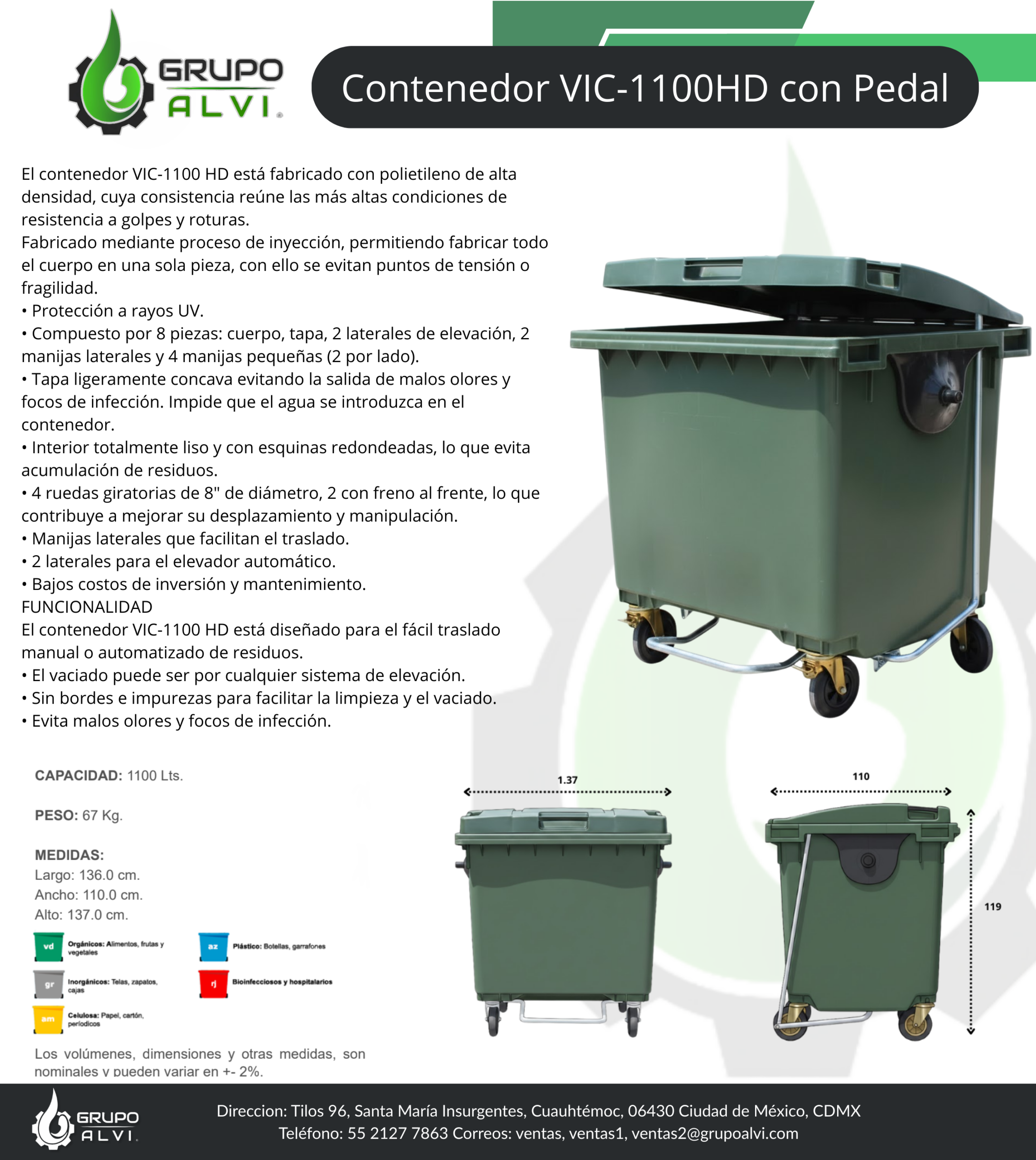 Contenedor de basura con pedal de 1100 litros VIC-1100HD - Imagen 3