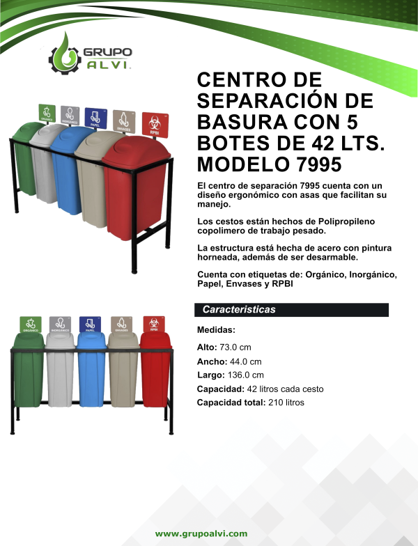 Centro de separación de basura con 5 botes de 42 lts.  Modelo 7995 - Imagen 8