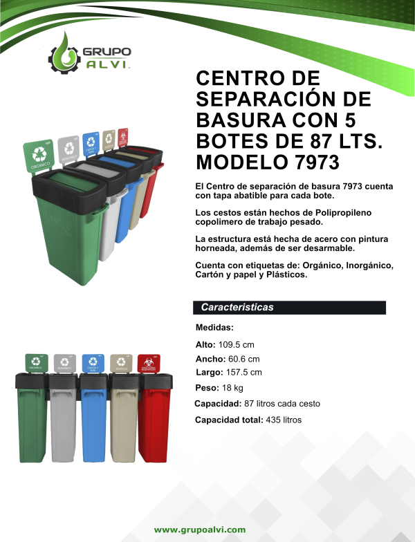 Centro de separación de basura con 5 botes de 87 lts. Modelo 7973 - Imagen 6