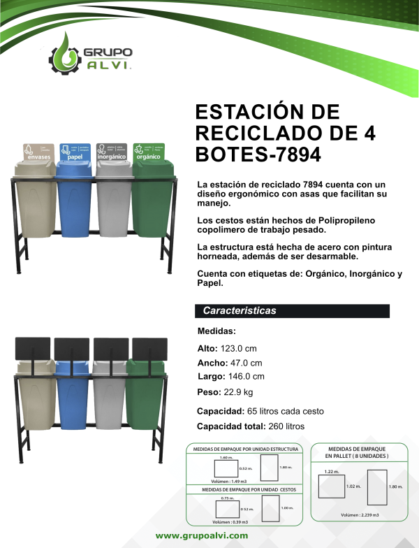 Centro de separación de basura con 4 botes de 65 lts.  Modelo 7894 - Imagen 8