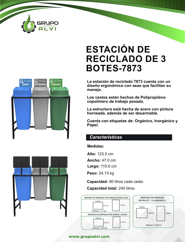 Centro de separación de basura con 3 botes de 80 lts. Modelo 7873 - Imagen 8