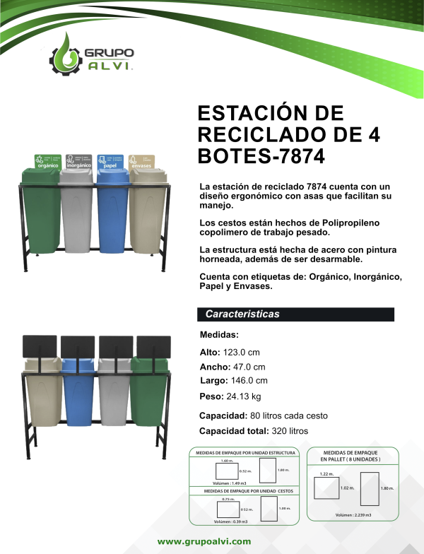 Centro de separación de basura con 4 botes de 80 lts. Modelo 7874 - Imagen 8