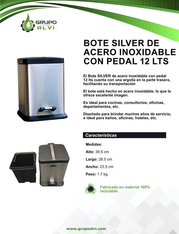 Bote SILVER de acero inoxidable con pedal 12 lts - Imagen 2