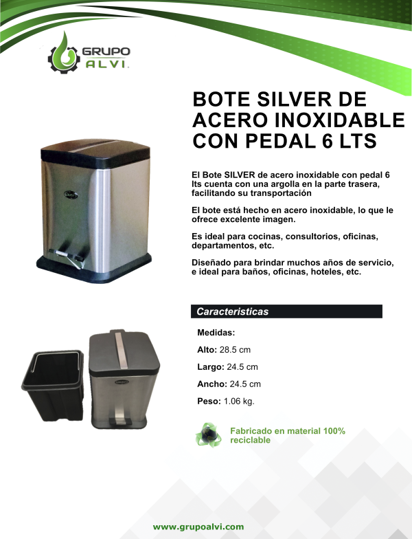 Bote SILVER de acero inoxidable con pedal 6 lts - Imagen 2