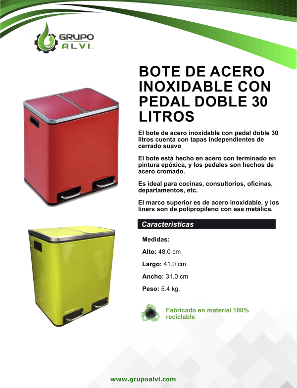 Bote de acero inoxidable con pedal doble 30 litros - Imagen 2